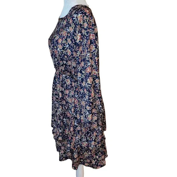 Vision Women’s Medium Navy Floral Boho Long Sleeve Dress Ruffle Hem Polyester - Picture 2 of 8